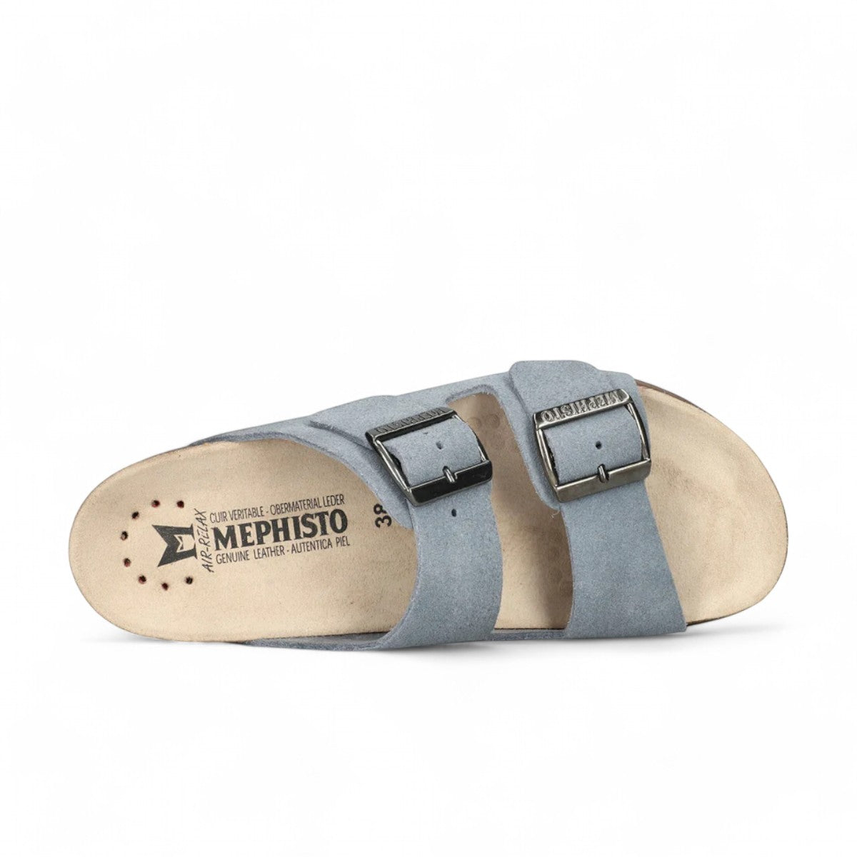 Mephisto Hester sea blue suede sandal showing the brown textured rubber outsole and cork footbed.
