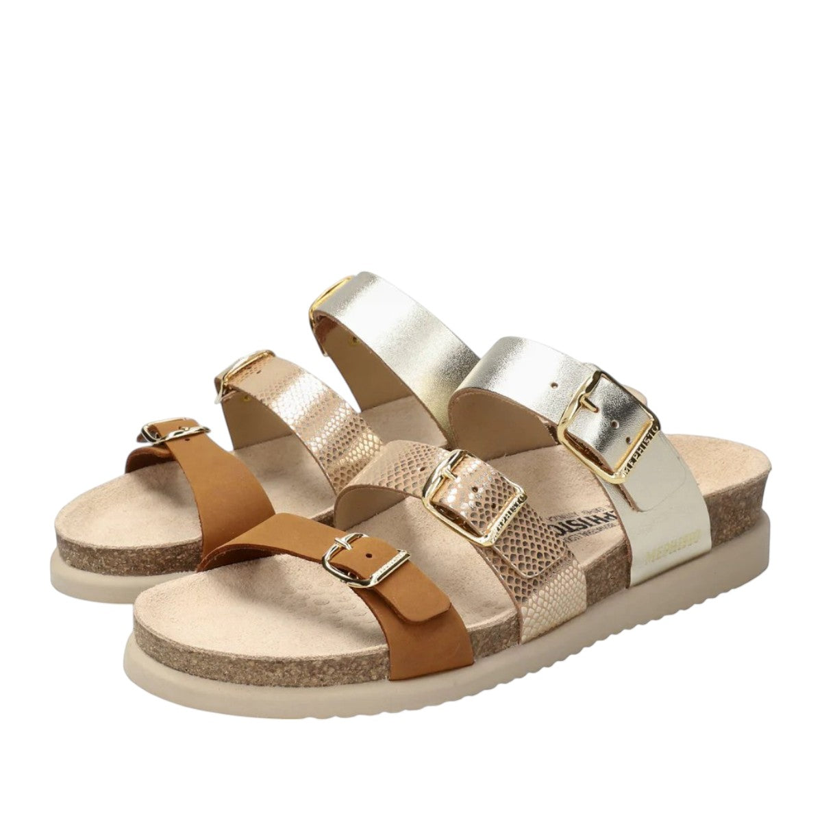 Mephisto Hyacinta sandal sole showing the textured beige rubber tread and embossed branding details