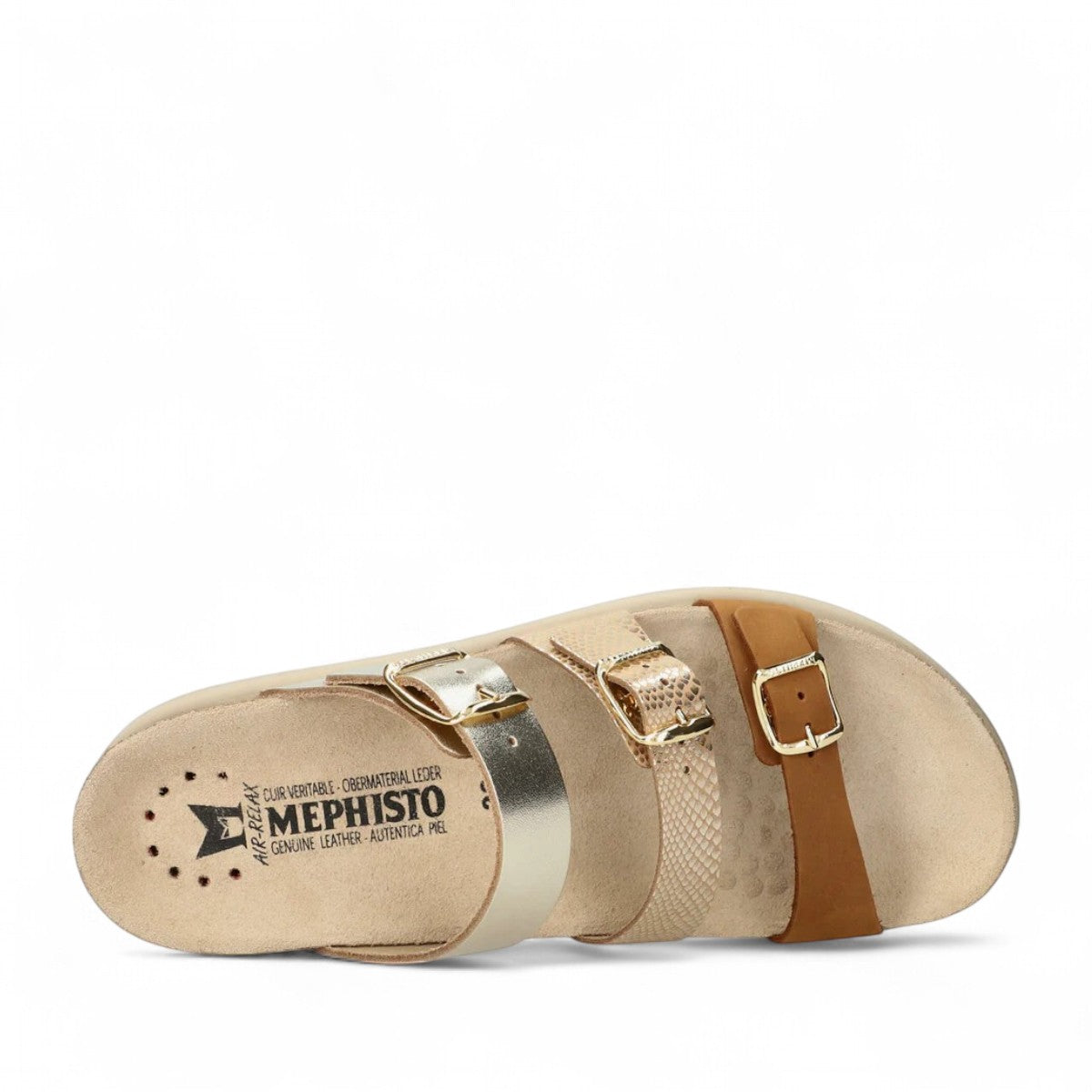 Mephisto Hyacinta sandal sole showing the textured beige rubber tread and embossed branding details