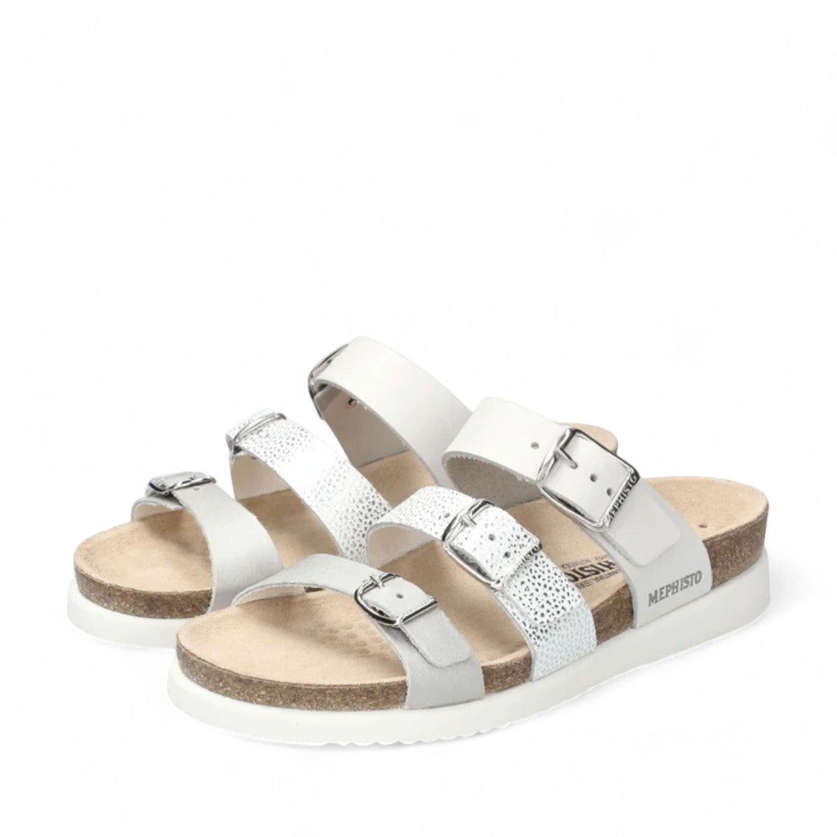 Mephisto Hyacinta silver leather sandal showing the textured white rubber sole with reflex area branding