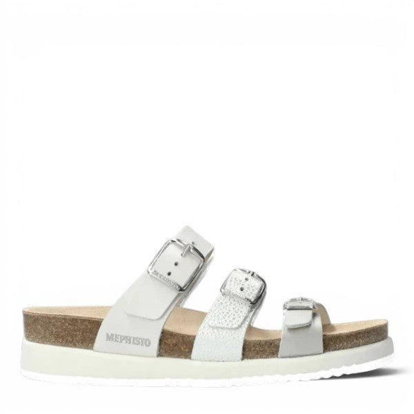 Mephisto Hyacinta silver leather sandal showing the textured white rubber sole with reflex area branding