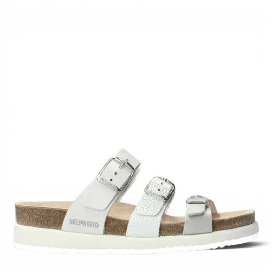 Mephisto Hyacinta silver leather sandal showing the textured white rubber sole with reflex area branding
