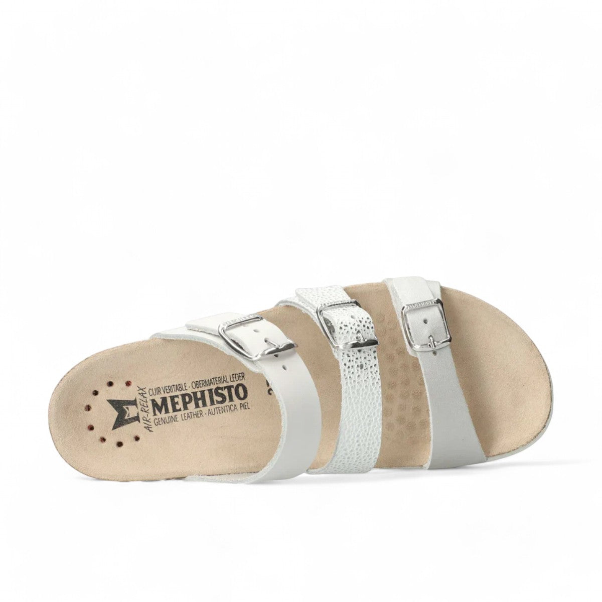 Mephisto Hyacinta silver leather sandal showing the textured white rubber sole with reflex area branding