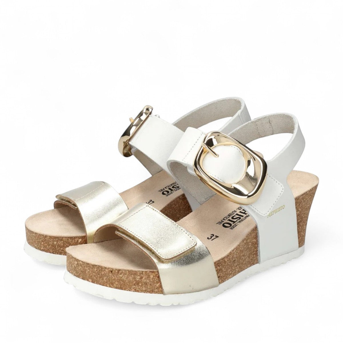 Mephisto Leandre gold wedge vega/ sandanyl sandal showing the textured white rubber sole and cork arch support