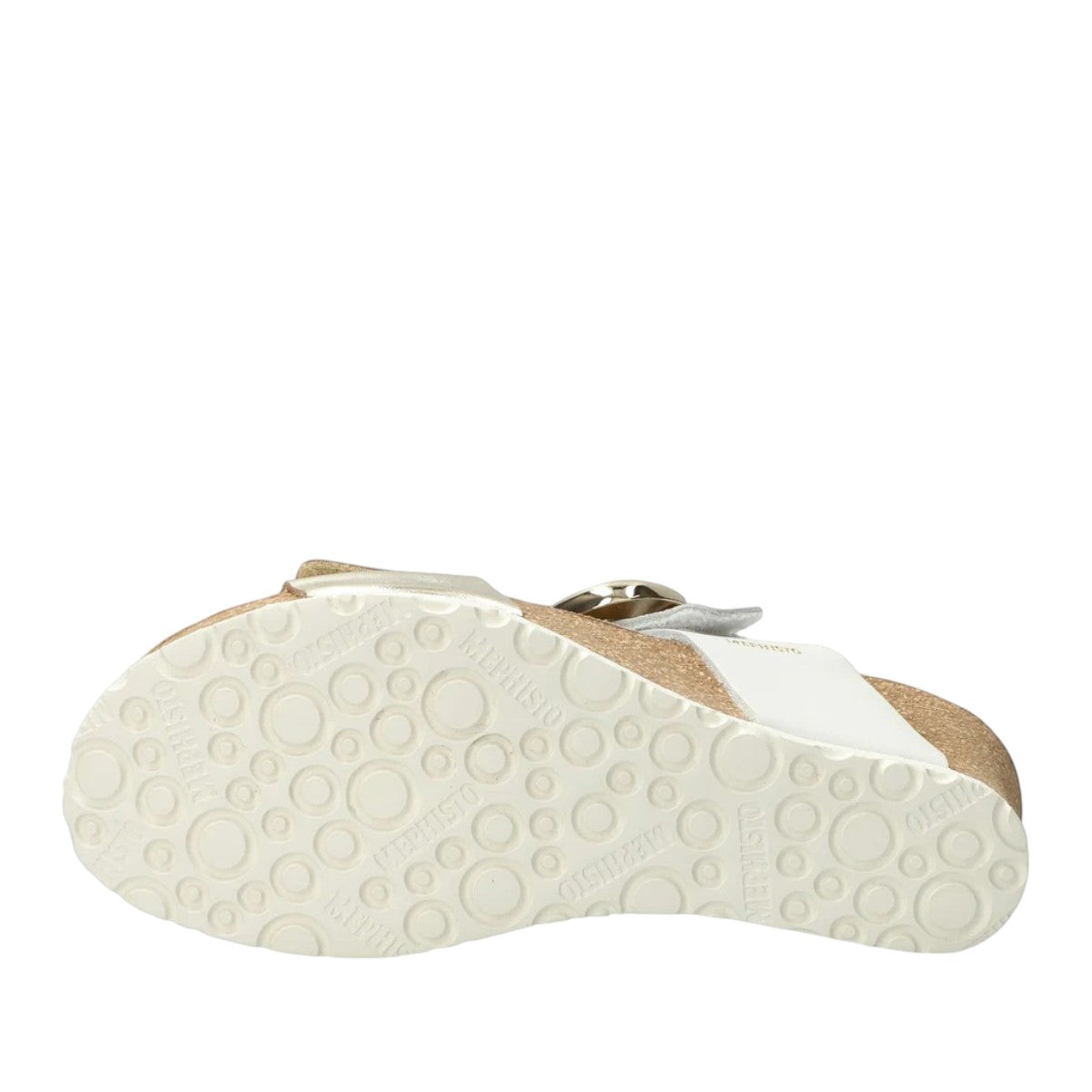 Mephisto Leandre gold wedge vega/ sandanyl sandal showing the textured white rubber sole and cork arch support