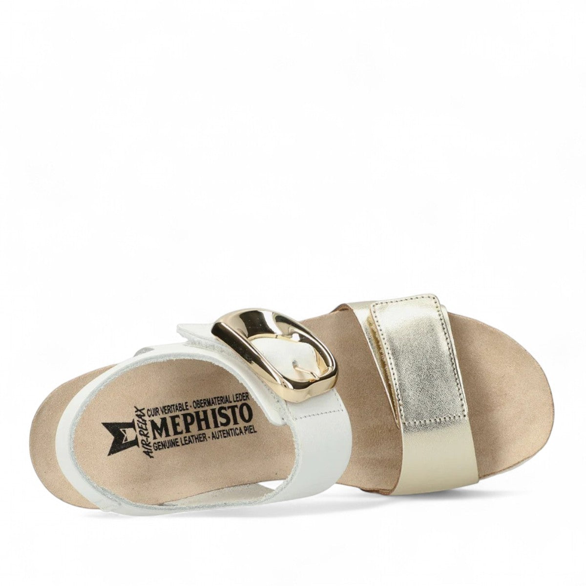 Mephisto Leandre gold wedge vega/ sandanyl sandal showing the textured white rubber sole and cork arch support