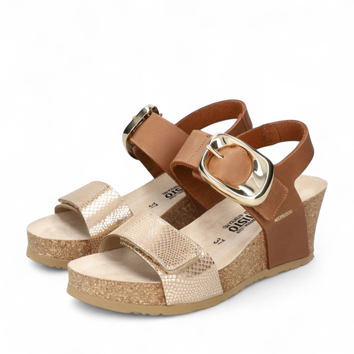 Mephisto Leandre light sand havana/scratch wedge sandal showing the textured rubber outsole and cork wedge heel