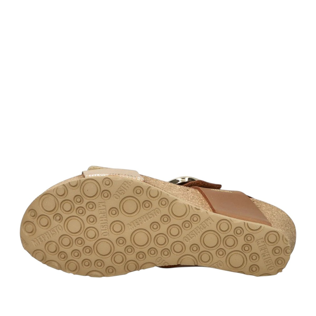 Mephisto Leandre light sand havana/scratch wedge sandal showing the textured rubber outsole and cork wedge heel
