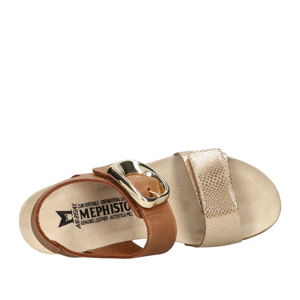 Mephisto Leandre light sand havana/scratch wedge sandal showing the textured rubber outsole and cork wedge heel