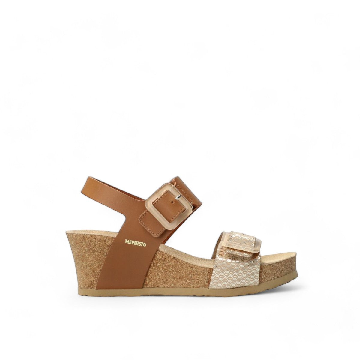 Mephisto Lissia camel leather wedge sandal showing the textured cork sole and tread pattern