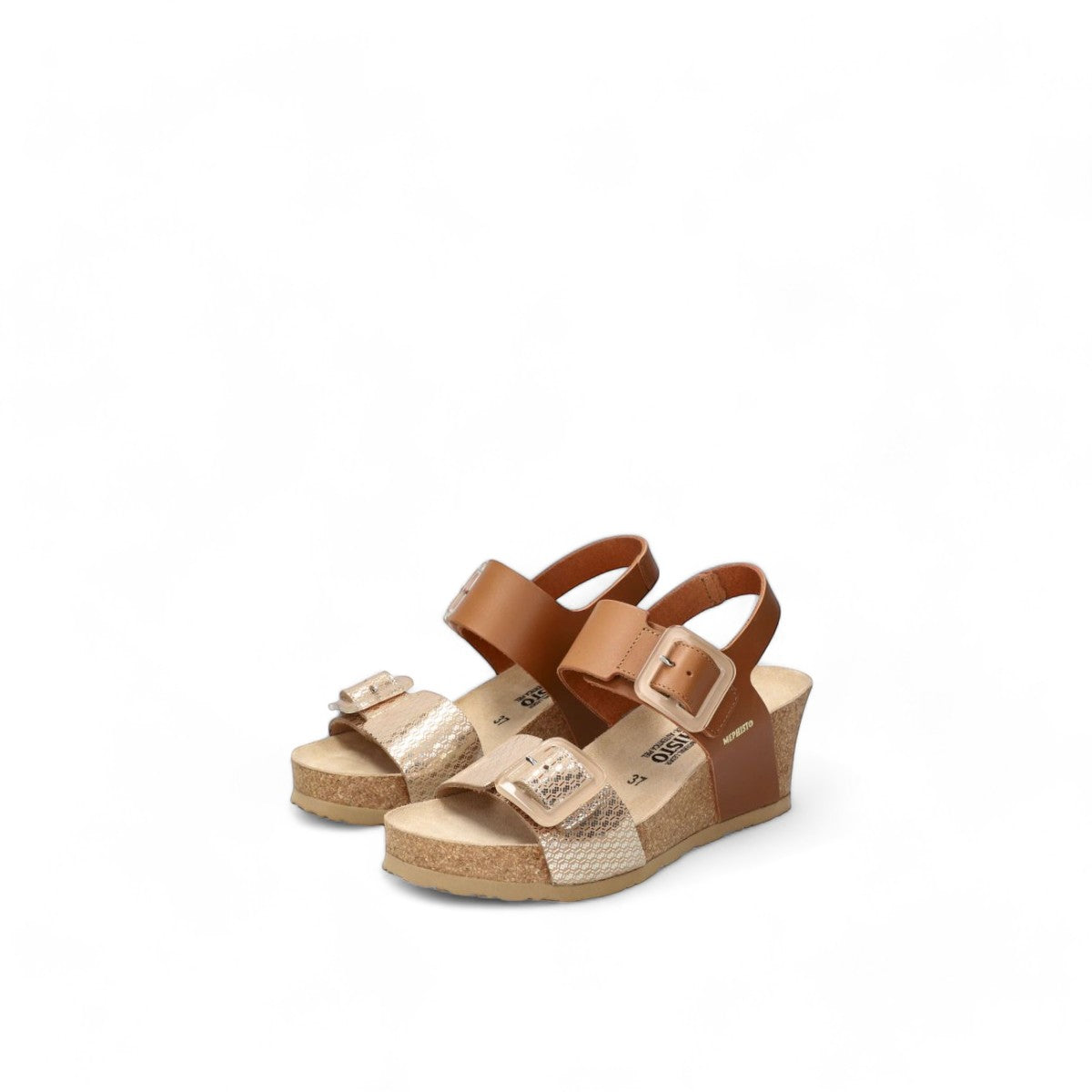 Mephisto Lissia camel leather wedge sandal showing the textured cork sole and tread pattern