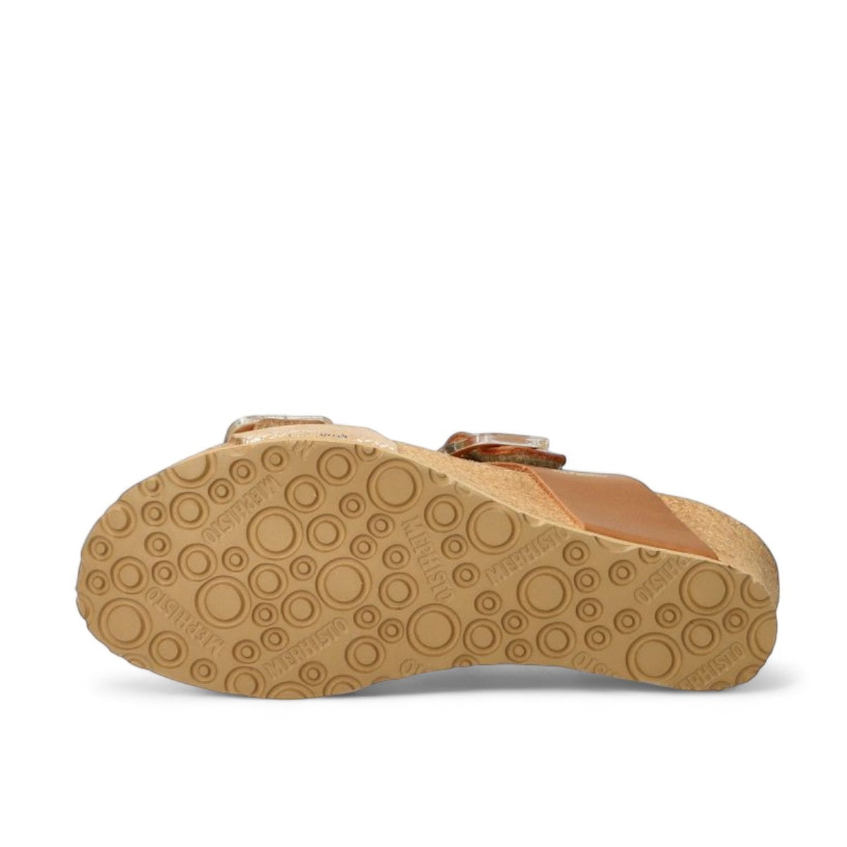 Mephisto Lissia camel leather wedge sandal showing the textured cork sole and tread pattern