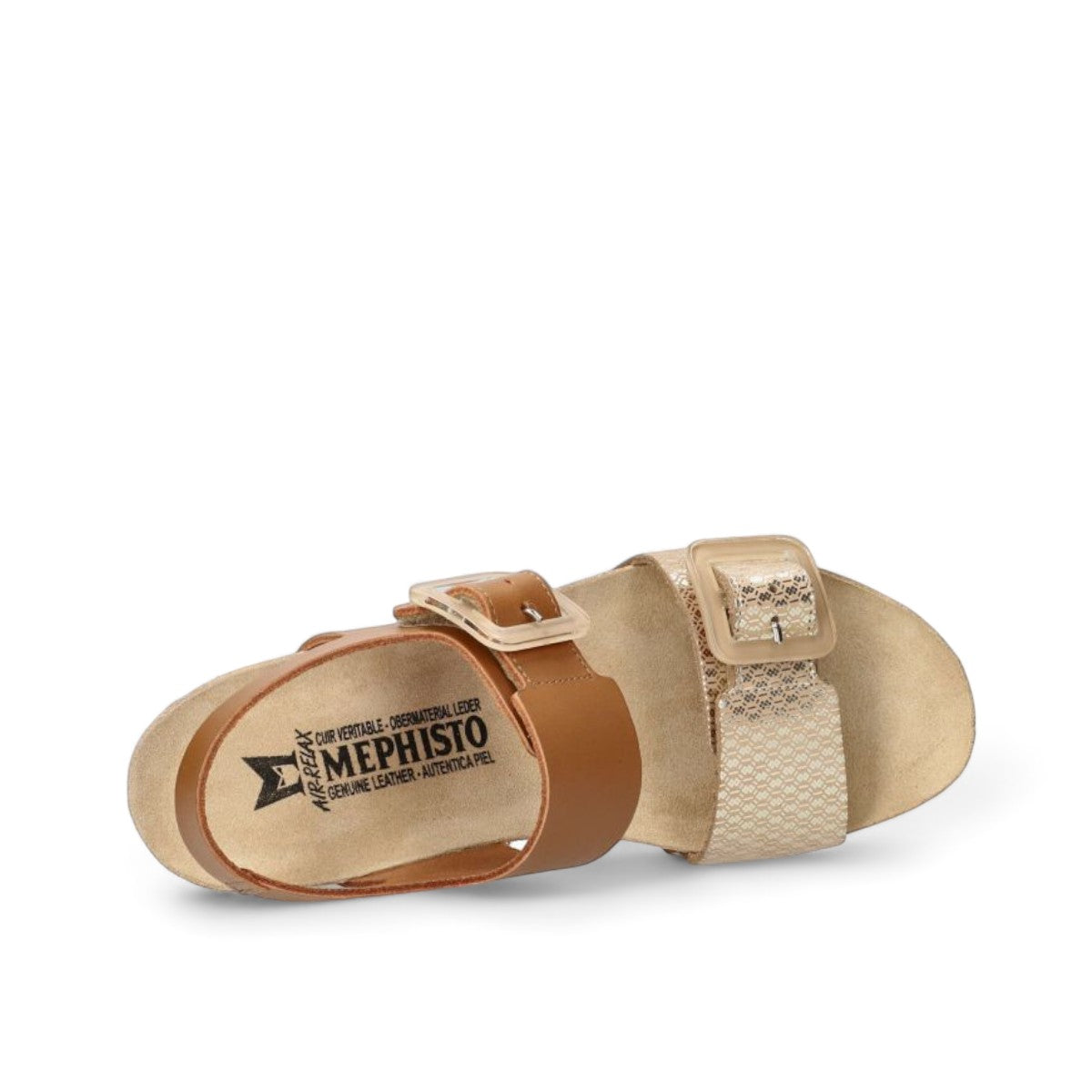 Mephisto Lissia camel leather wedge sandal showing the textured cork sole and tread pattern