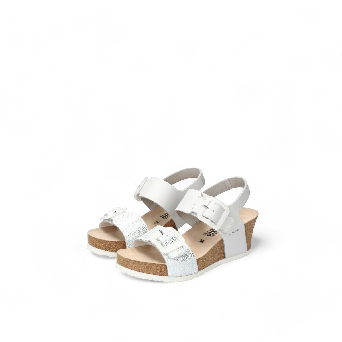 Mephisto Lissia white leather cork wedge sandal showing the textured rubber sole pattern