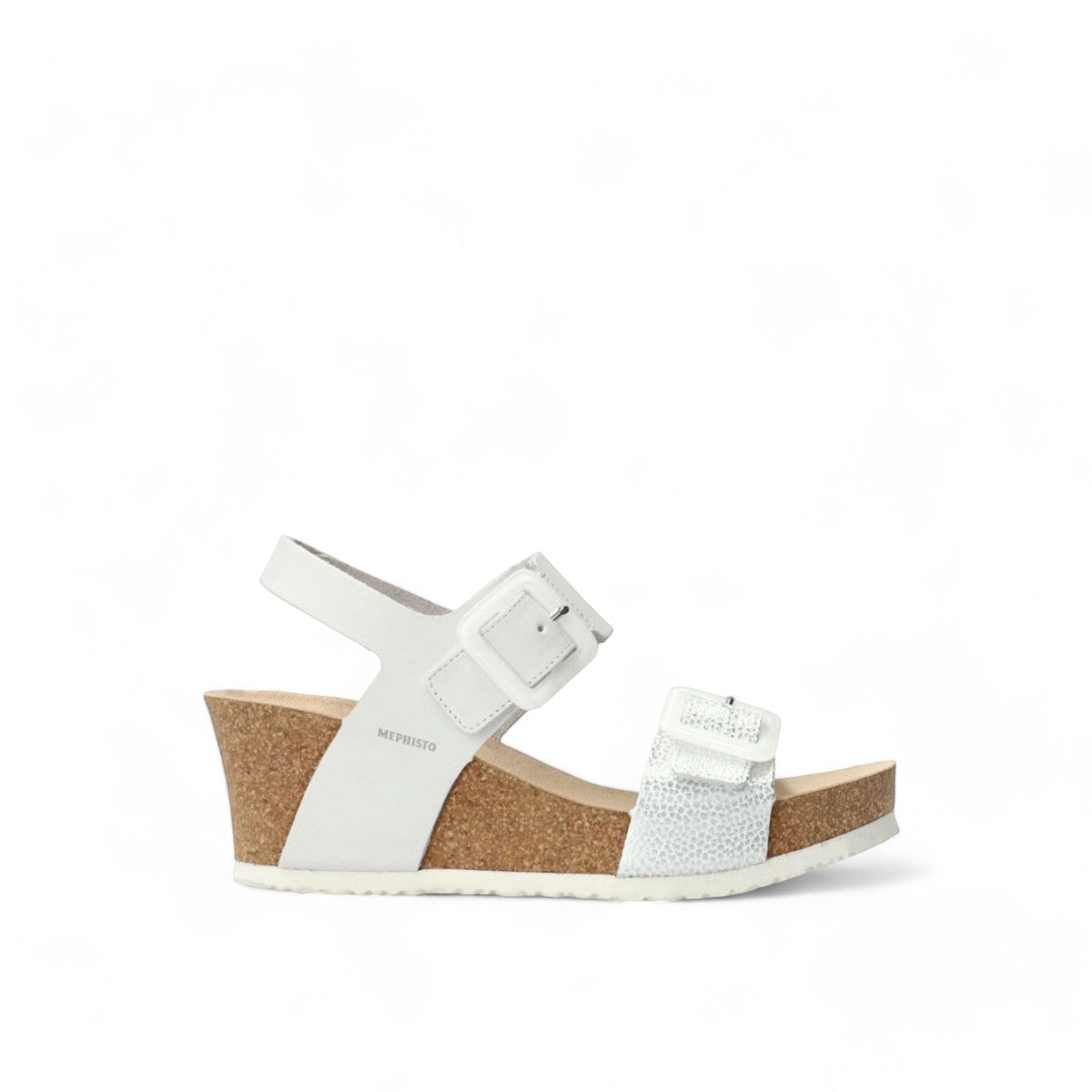 Mephisto Lissia white leather cork wedge sandal showing the textured rubber sole pattern