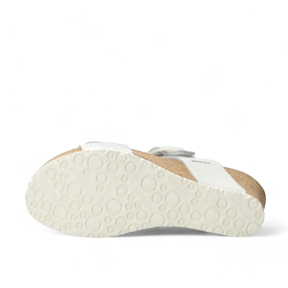 Mephisto Lissia white leather cork wedge sandal showing the textured rubber sole pattern