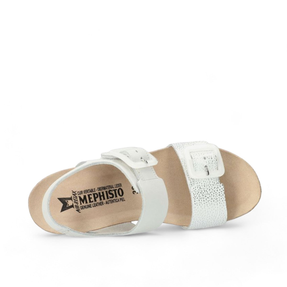 Mephisto Lissia white leather cork wedge sandal showing the textured rubber sole pattern