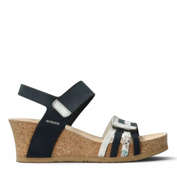 Mephisto Lucia navy leather wedge sandal showing the textured rubber sole and cork footbed