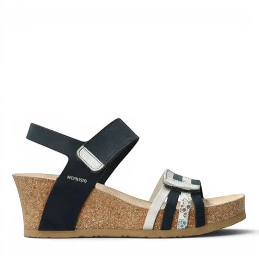 Mephisto Lucia navy leather wedge sandal showing the textured rubber sole and cork footbed