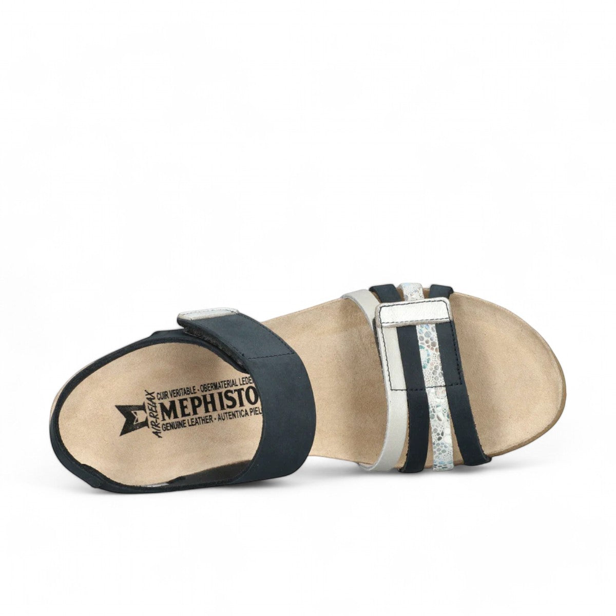 Mephisto Lucia navy leather wedge sandal showing the textured rubber sole and cork footbed