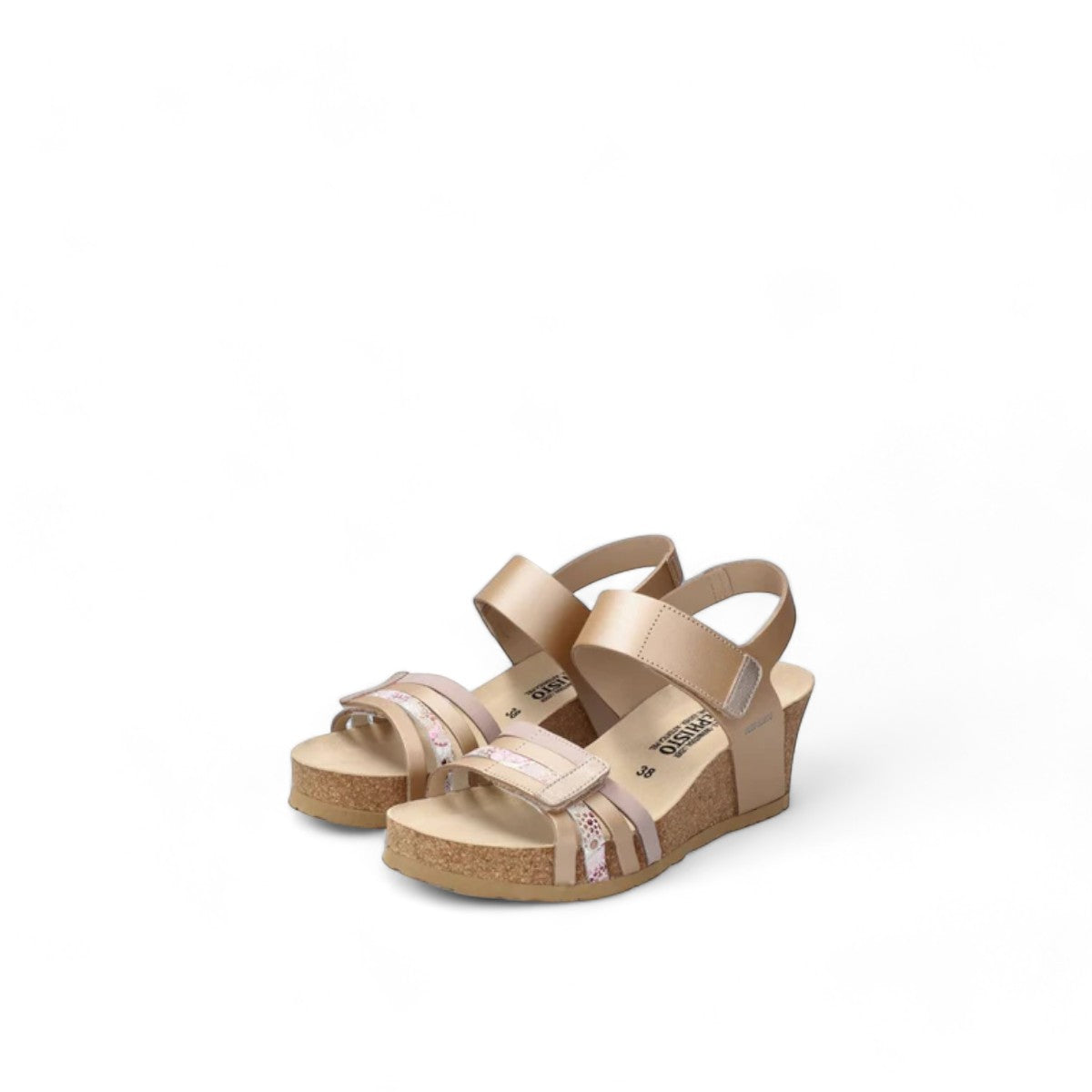 Mephisto Lucia platinum leather wedge sandal showing the textured cork sole and tread pattern
