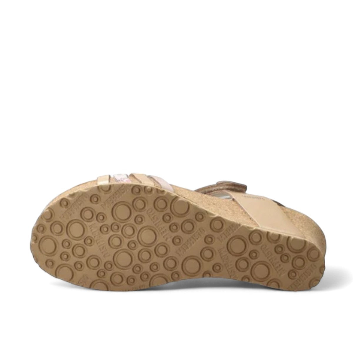 Mephisto Lucia platinum leather wedge sandal showing the textured cork sole and tread pattern