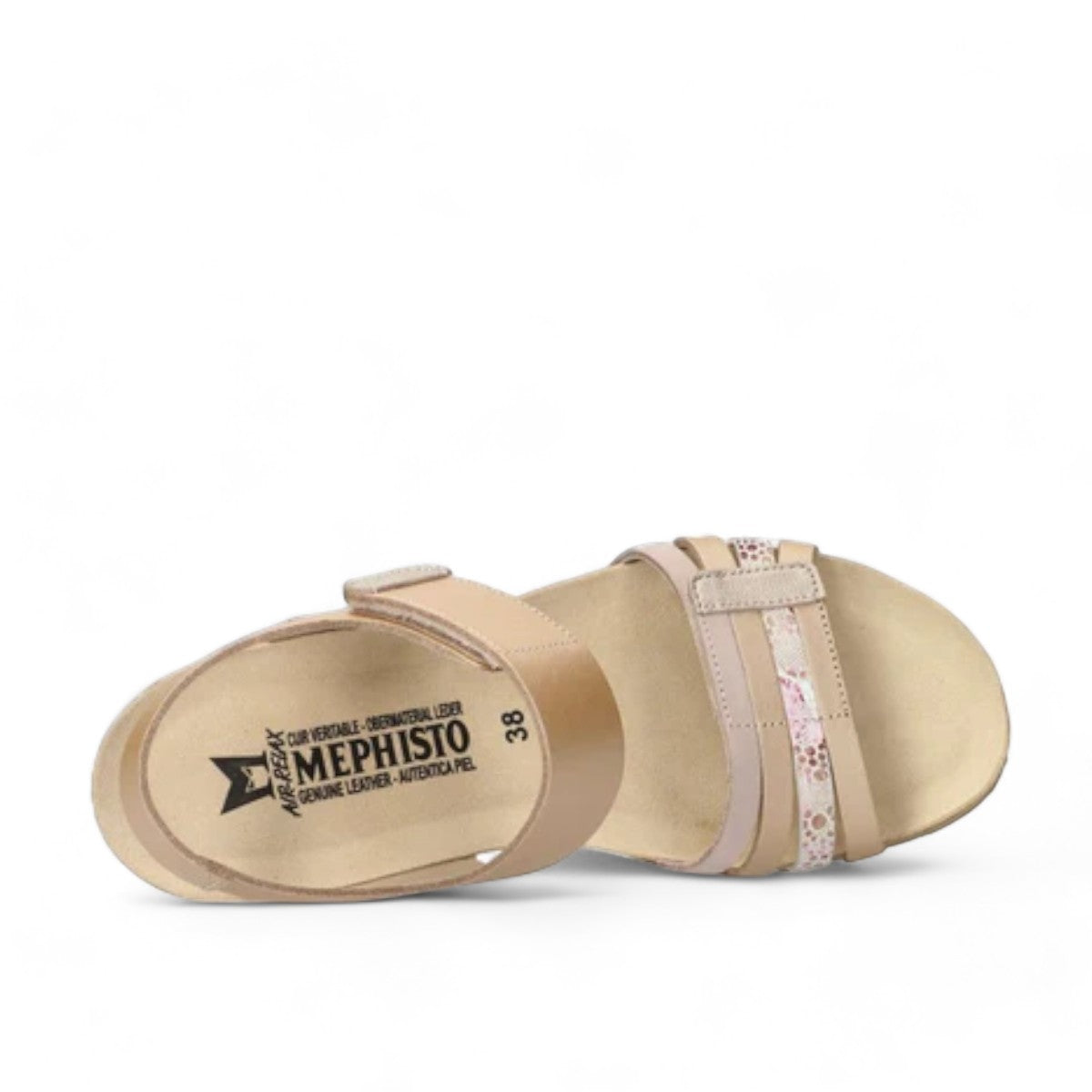 Mephisto Lucia platinum leather wedge sandal showing the textured cork sole and tread pattern