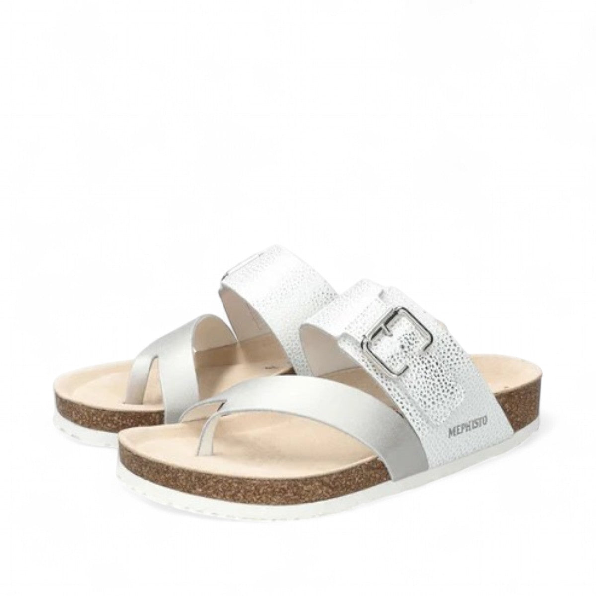 Mephisto Madalyn silver leather thong sandal showing the textured rubber outsole pattern