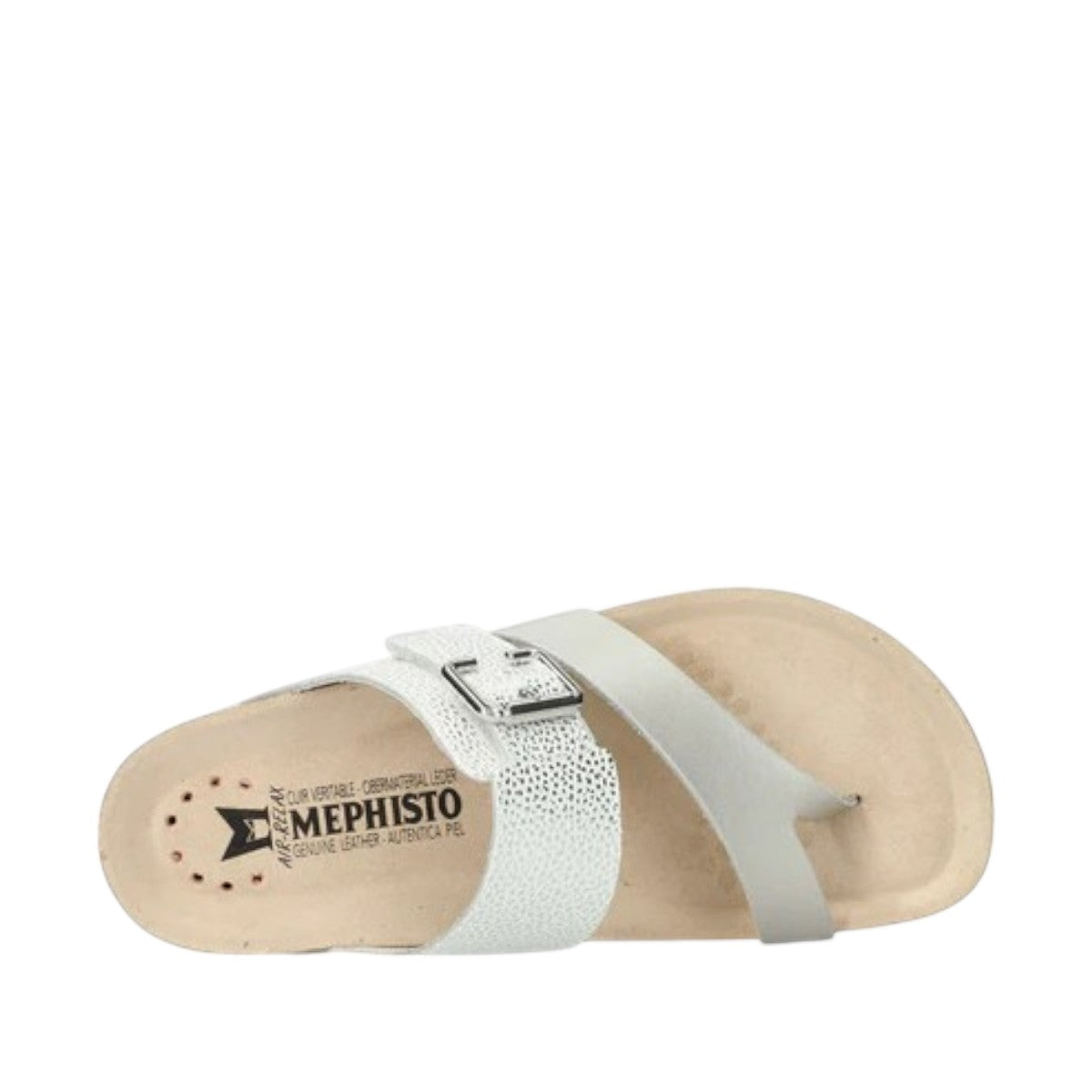 Mephisto Madalyn silver leather thong sandal showing the textured rubber outsole pattern