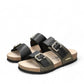 Mephisto Maya black leather cork sandals with adjustable straps and decorative buckles
