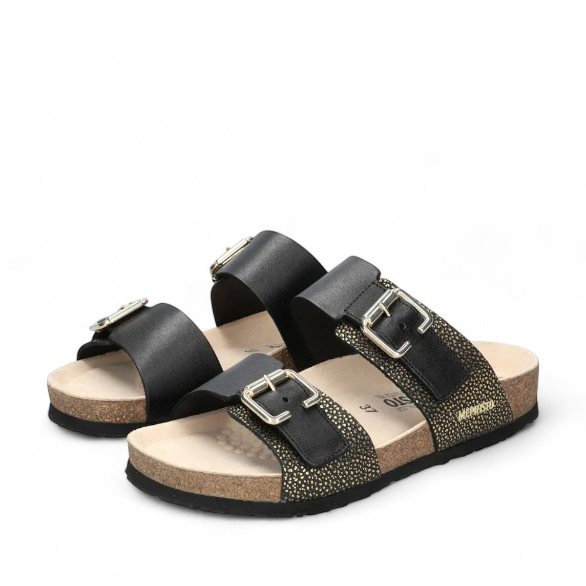 Mephisto Maya black leather cork sandals with adjustable straps and decorative buckles