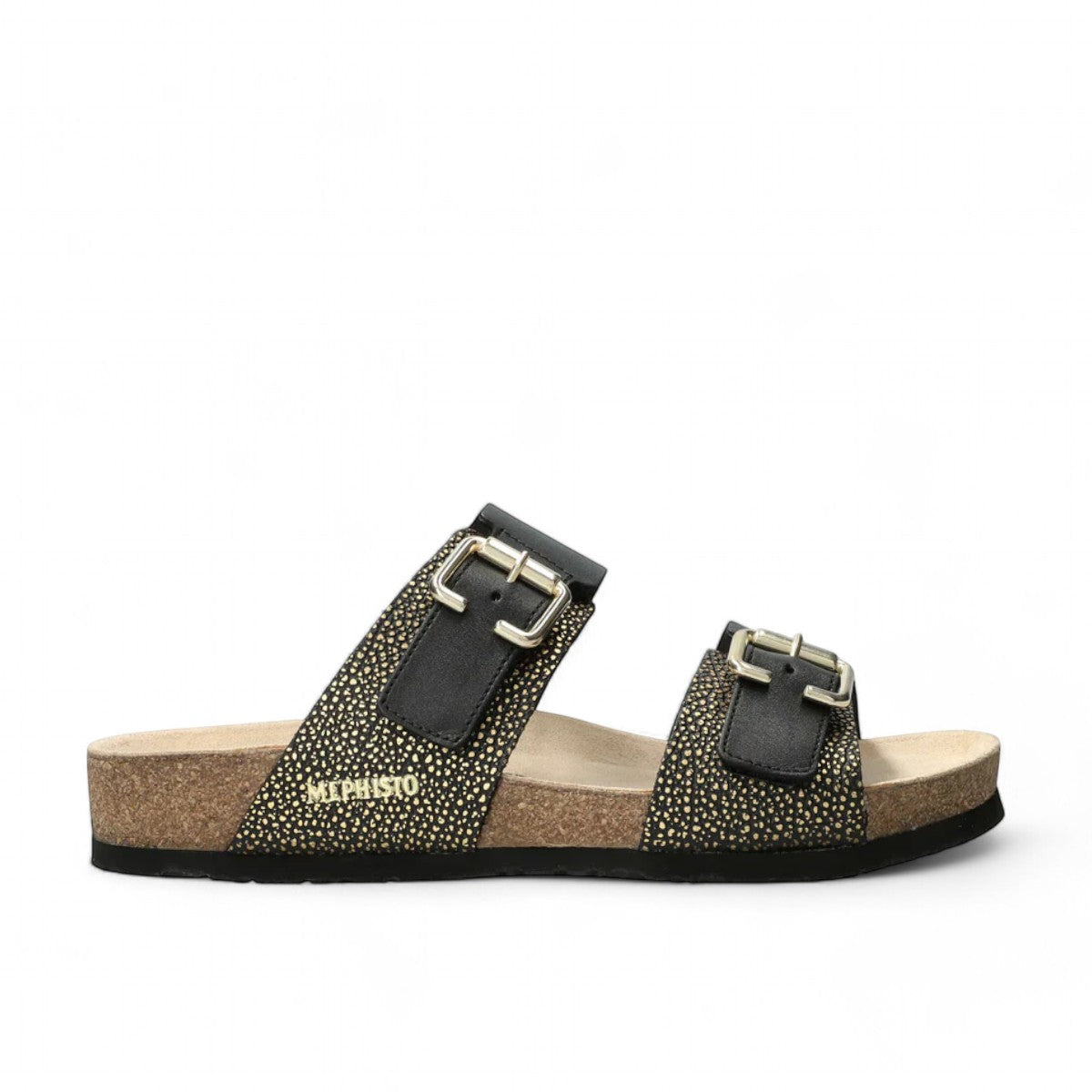 Mephisto Maya black leather cork sandals with adjustable straps and decorative buckles