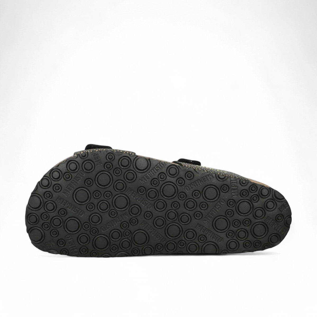Mephisto Maya black leather cork sandals with adjustable straps and decorative buckles