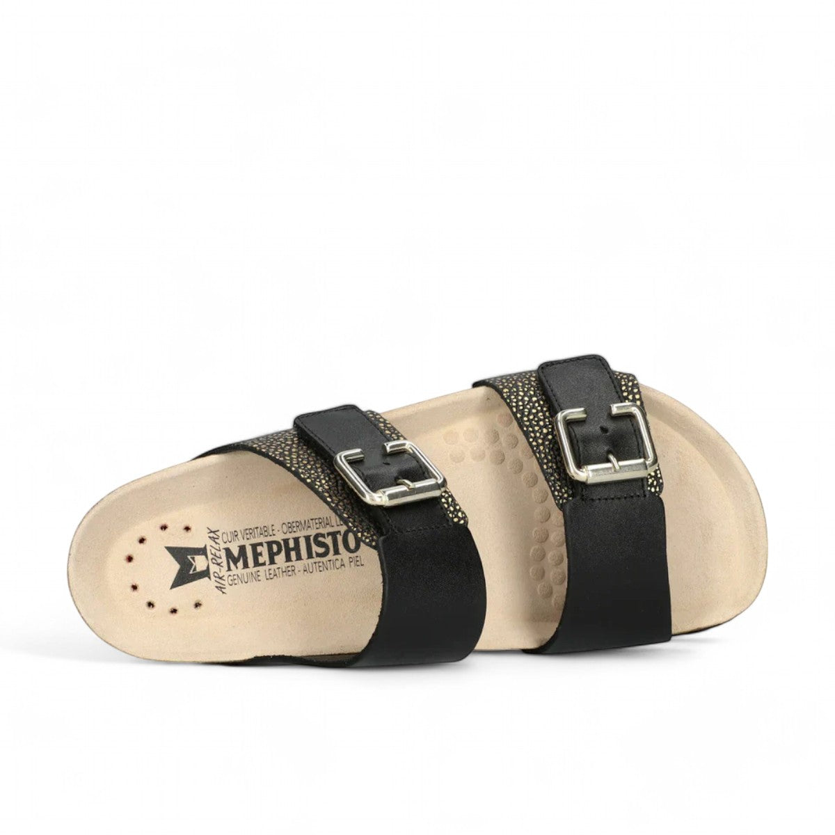 Mephisto Maya black leather cork sandals with adjustable straps and decorative buckles