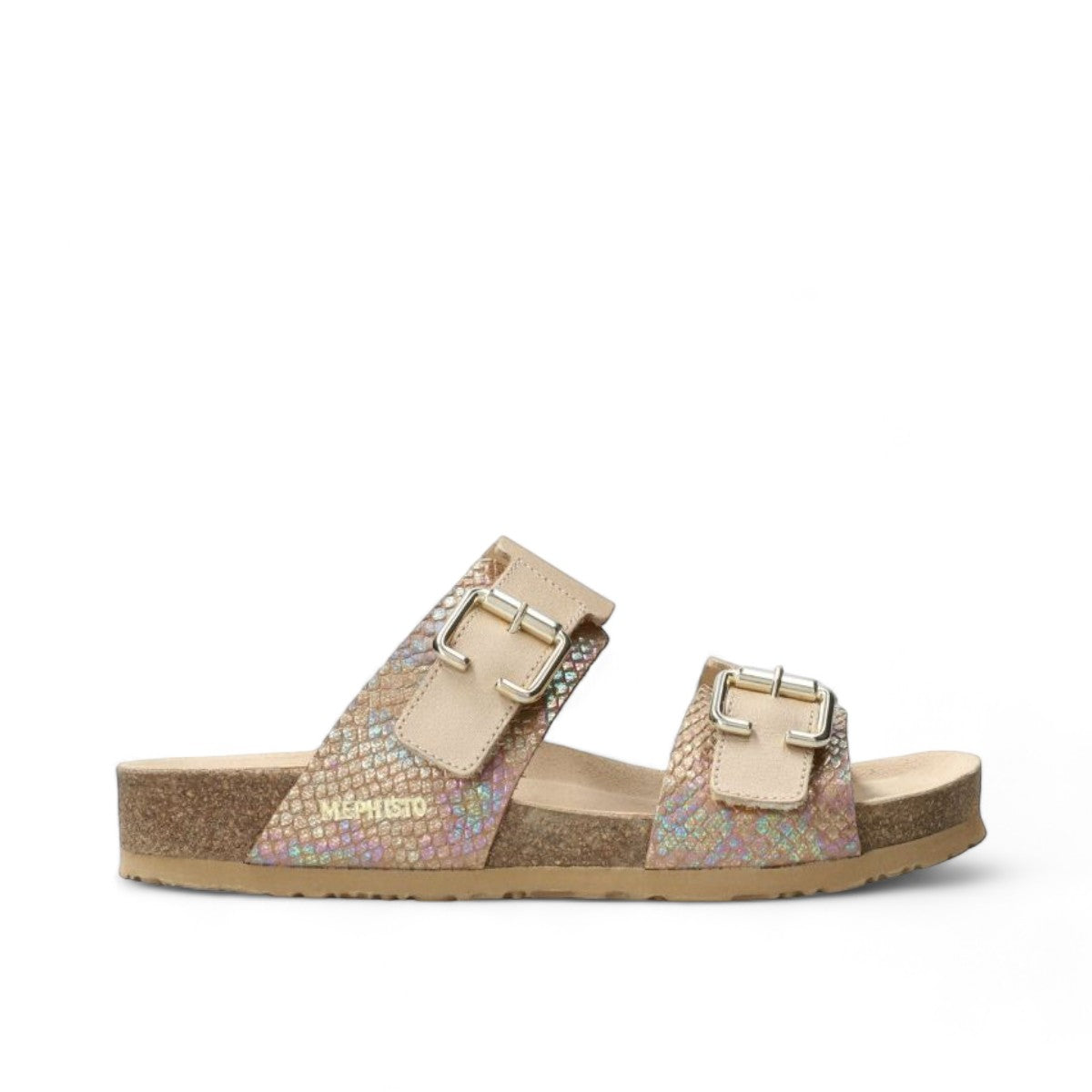 Mephisto Maya platinum leather sandal showing the textured rubber sole with circular grip pattern