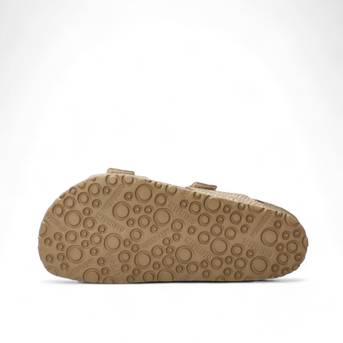 Mephisto Maya platinum leather sandal showing the textured rubber sole with circular grip pattern