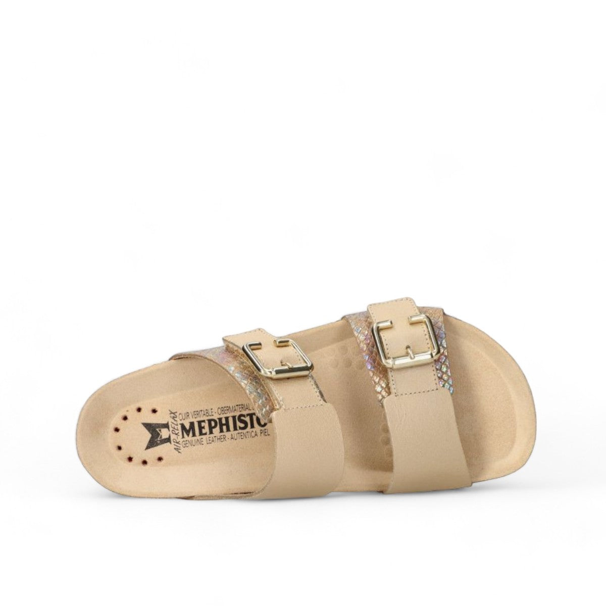 Mephisto Maya platinum leather sandal showing the textured rubber sole with circular grip pattern