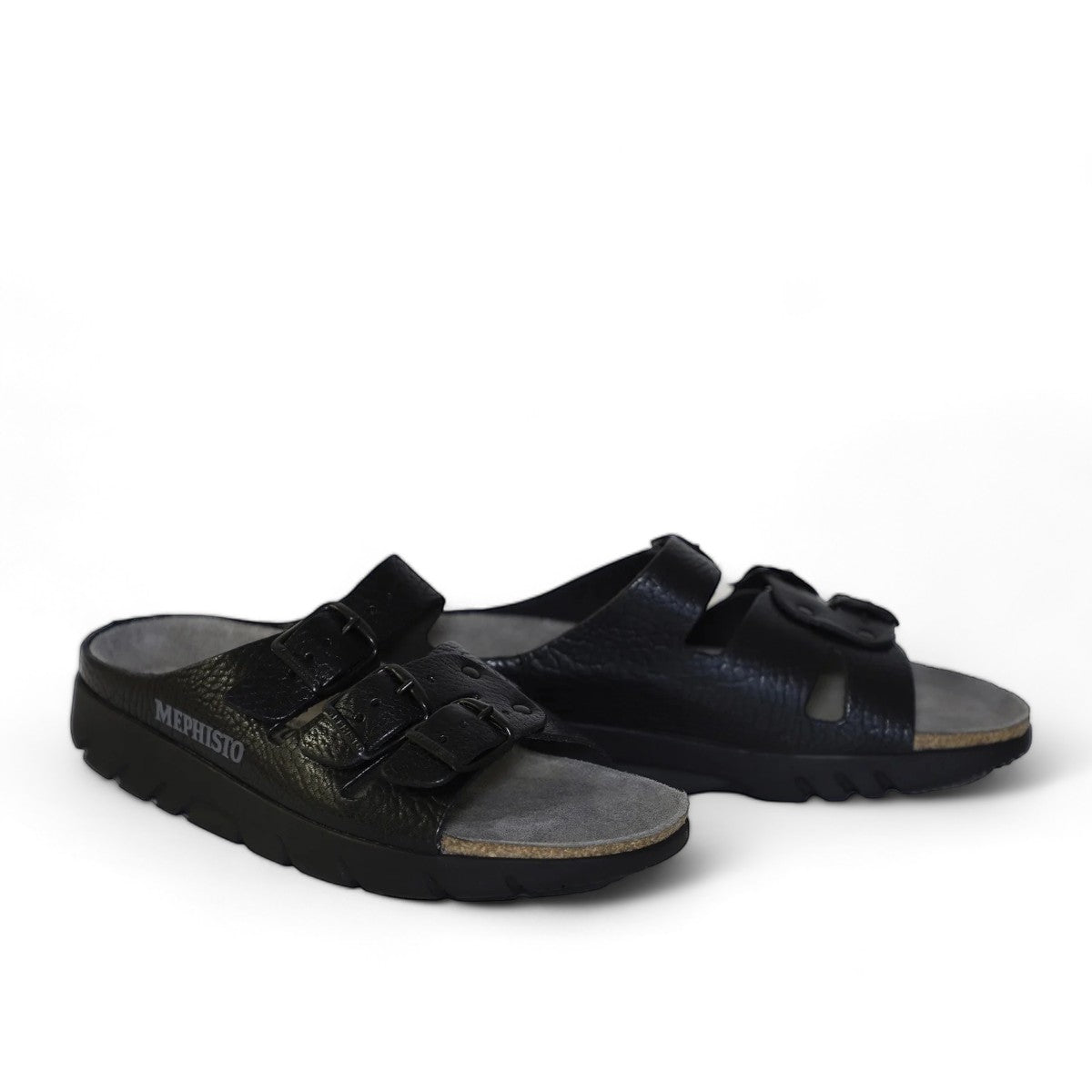 Mephisto Zach Fit black leather sandal showing the textured rubber outsole for grip