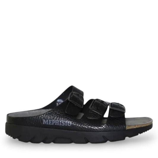 Mephisto Zach Fit black leather sandal showing the textured rubber outsole for grip