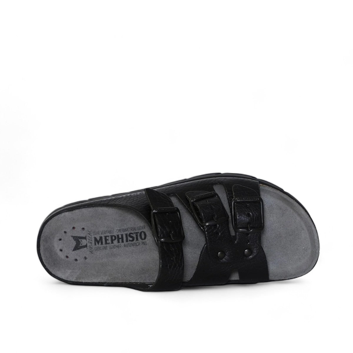 Mephisto Zach Fit black leather sandal showing the textured rubber outsole for grip
