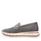 Milano Carissa loafer runner hybrid in metallic silver leather and mesh with a beige platform sole. Photo of left side view.