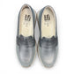 Milano Carissa loafer runner hybrid in metallic silver leather and mesh with a beige platform sole. Photo of upper view.