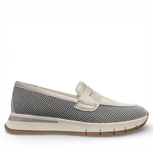 Milano Carissa loafer runner hybrid in white and metallic leather with breathable mesh side panels. Photo of right side view.