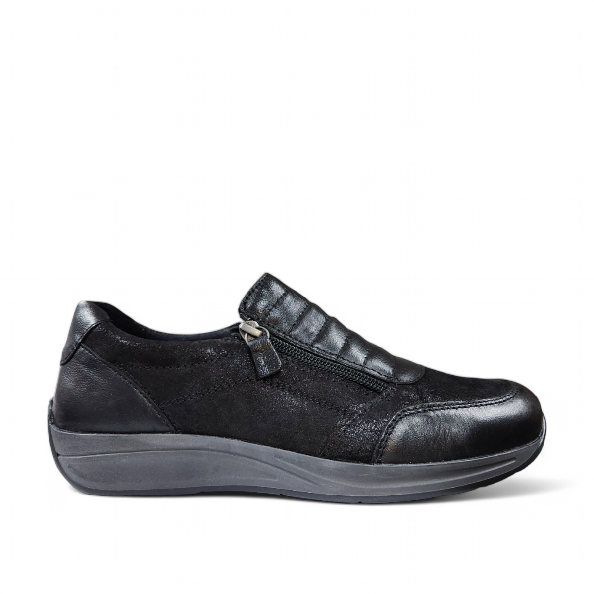 Milano Tavi 09 black metallic leather walking shoe with double zipper and cushioned sole. Photo of right side view.