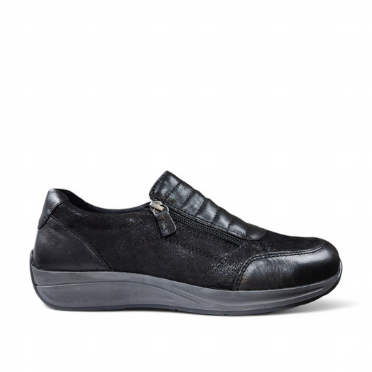 Milano Tavi 09 black metallic leather walking shoe with double zipper and cushioned sole. Photo of right side view.