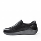 Milano Tavi 09 black metallic leather walking shoe with double zipper and cushioned sole. Photo of left side view.