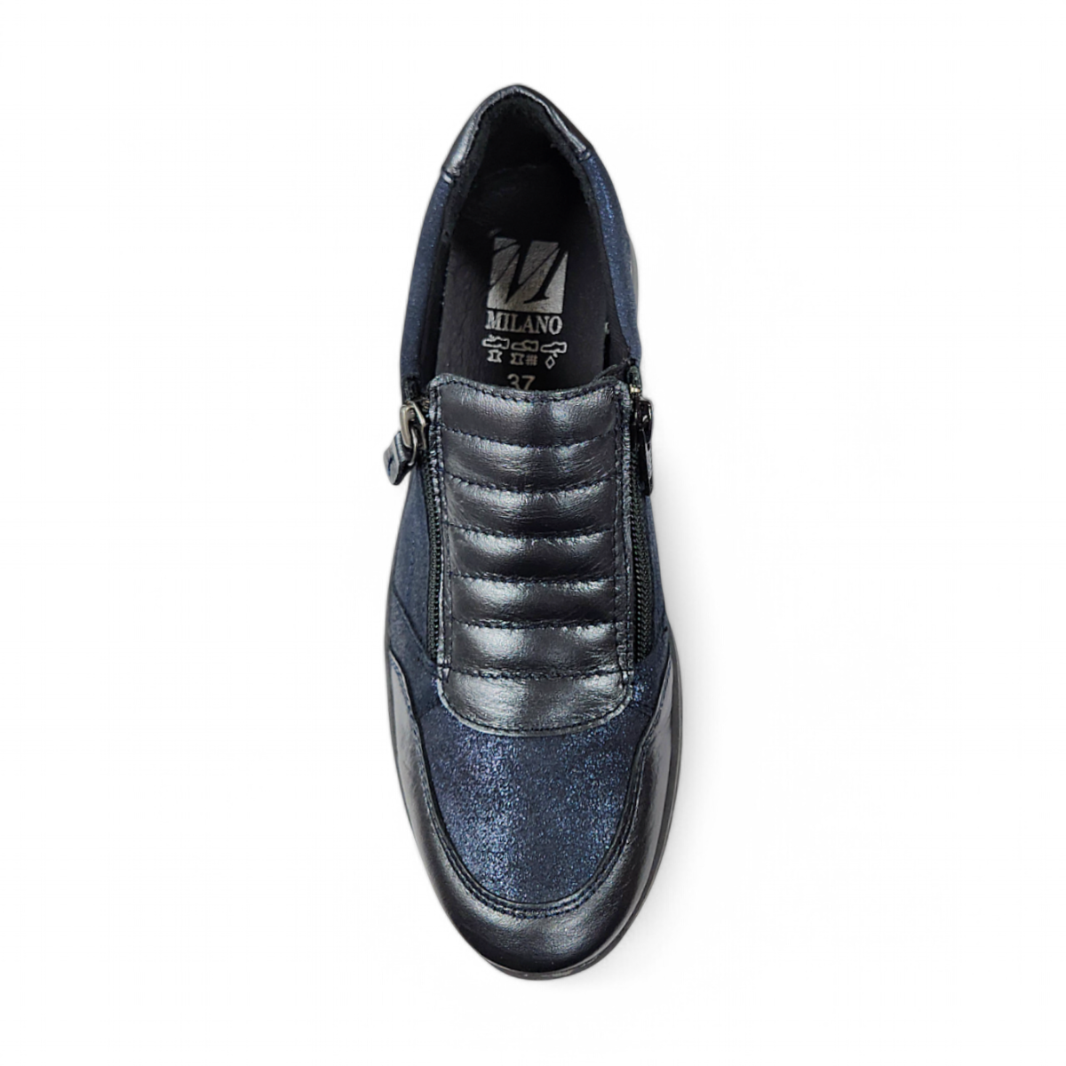Milano Tavi 09 blue metallic leather walking shoe with double zipper and cushioned sole. Photo of upper view.