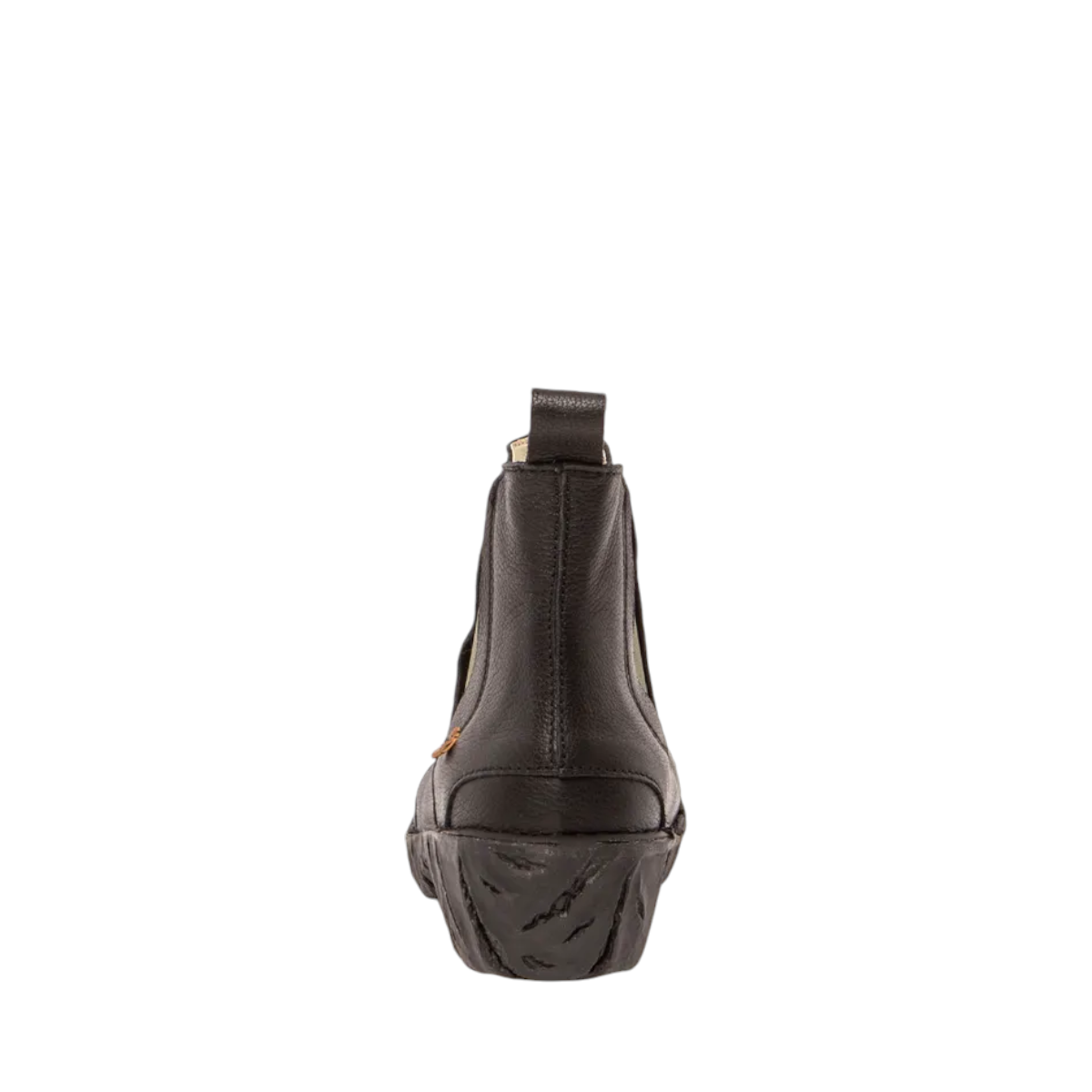 Natural Grain black calf leather ankle boots with elastic side panels, block heel, and recycled rubber outsole. Photo of back view.