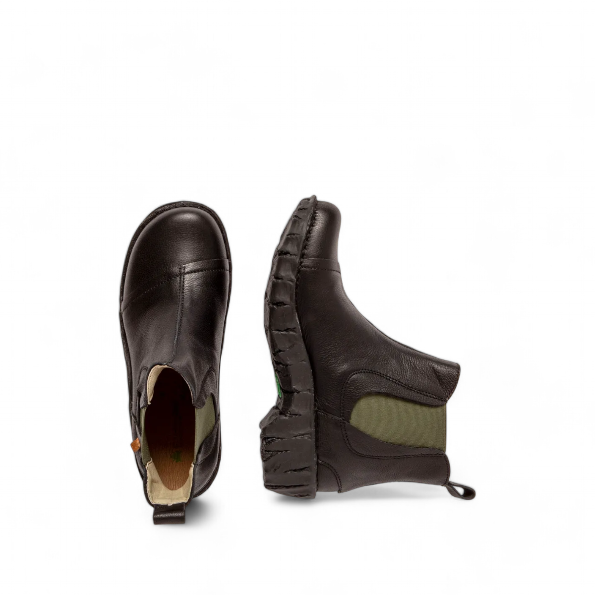 Natural Grain black calf leather ankle boots with elastic side panels, block heel, and recycled rubber outsole. Photo of upper view.
