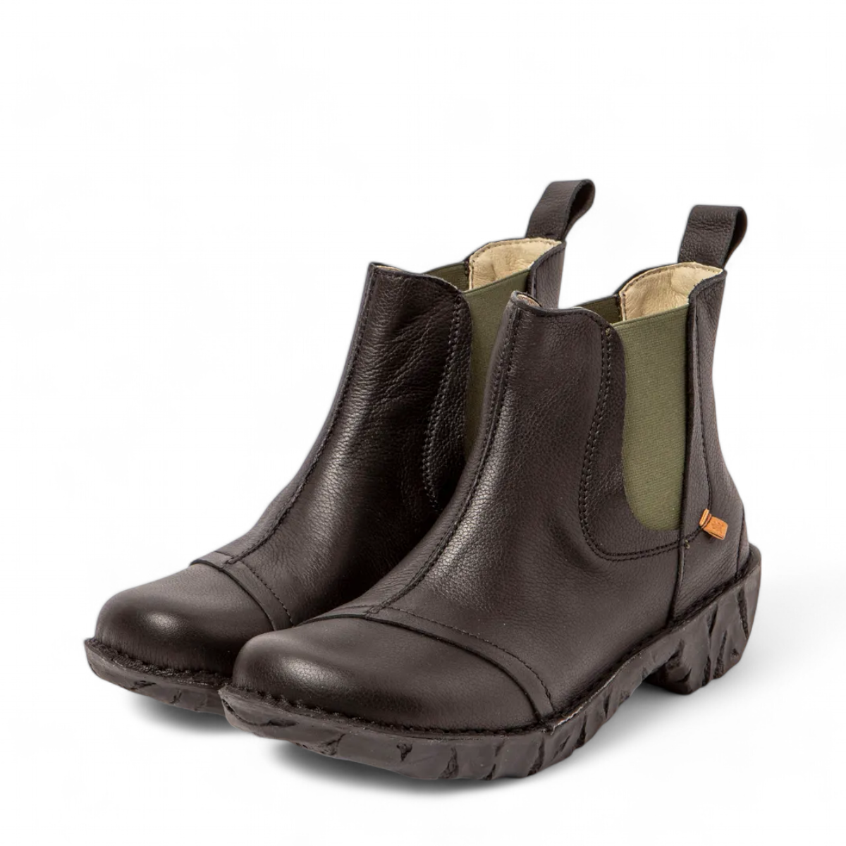 Natural Grain black calf leather ankle boots with elastic side panels, block heel, and recycled rubber outsole. Photo of front side views.